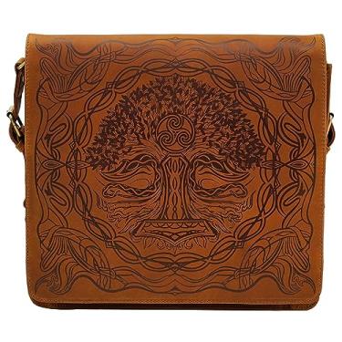 Imagem de Mythrojan URBAN VIKING SATCHEL Tatuagem de couro real Mjolnir Bolsa mensageiro vintage celta pasta para laptop (serve para laptop de 13 polegadas), Marrom, 12.2" x 14.1" x 3.5"