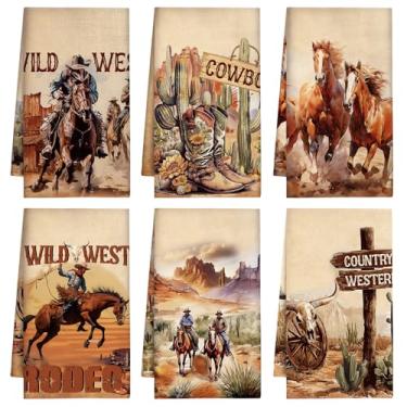 Imagem de Berirexrion Toalhas de mão Western Kitchen - Conjunto de 6 toalhas de prato de rodeio de cowboy cavalo country selvagem oeste decoração absorvente secagem microfibra toalha de chá acessórios casa de