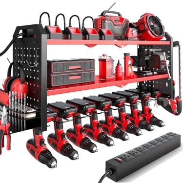 Imagem de Organizador de ferramentas elétricas com suporte de parede para estação de carregamento, faixa de alimentação embutida com 8 saídas de proteção contra surtos, suporte de broca de parede, suporte de