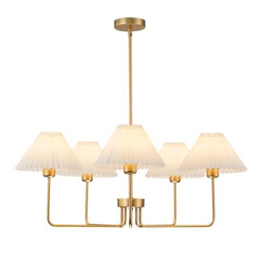 Imagem de FIYUEOYI Lustre Dourado De 5 Luzes, Luminárias Modernas De Meados Do Século Para Sala De Jantar Com Abajures De Tecido Plissado Branco, Luminárias De Lustre Para Ilha De Cozinha Acima Da Mesa De Jan