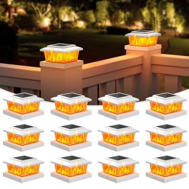 Imagem de VOLISUN Luzes de poste de cerca solar, pacote com 12, tampa de poste de deck solar branca à prova d'água, iluminação LED SMD de chama cintilante de alto brilho, para poste de vinil de madeira 4x4/4x4