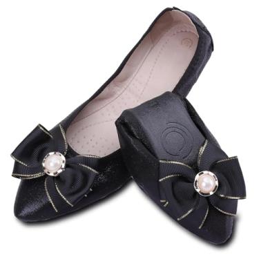 Imagem de Sapatilhas bailarinas femininas dobráveis casuais com strass brilhante para casamento sapato confortável sem cadarço, 2-black, 10.5