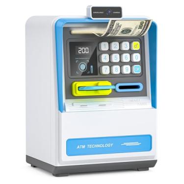 Imagem de Summidate Cofrinho ATM com acesso por senha, rolo automático de notas, cofrinho eletrônico para crianças, compartimento para moedas, senha personalizável - Caixa inteligente para economia de dinheiro