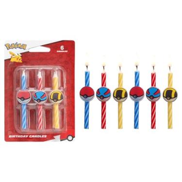 Imagem de Velas de bolo de aniversário Pokémon | 6 velas de aniversário para decoração de bolo, vermelho, azul, amarelo listrado, topos de bolo Pokébola para festa Pokémon