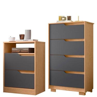 Imagem de Kit Cômoda 4 Gavetas E Mesa De Cabeceira Sara 2 Gavetas Flex Freijó/titanium