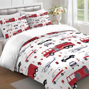 Imagem de Yasida Jogo de cama Queen com 3 peças, caminhão de bombeiros, carro de polícia, bombeiros, veículo, helicóptero, para meninos e meninas (1 edredom + 2 fronhas)