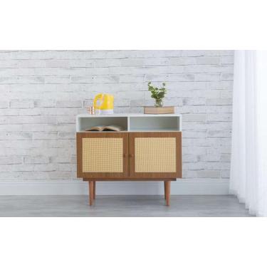 Imagem de Balcão Buffet Pés Palito Madeira 2 Portas Com Nichos Mdf E Palhinha Es