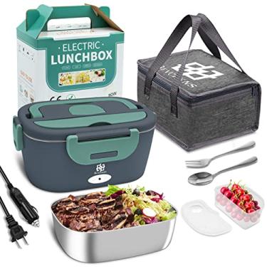 Imagem de BEVCEKNS Lancheira elétrica para carro, lancheira térmica portátil 3 em 1 com recipiente de aço inoxidável removível de 1,8 L, aquecedor de alimentos à prova de vazamento de 80 W 110 V 12 V 24 V para
