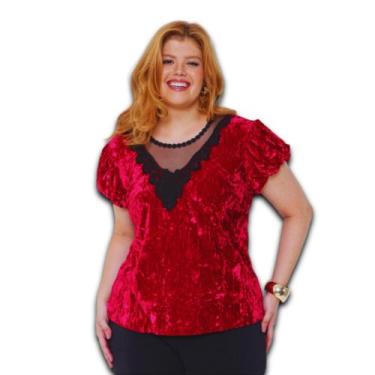 Imagem de Blusa Feminina Veludo Manga Balone c/Renda Gola V Plus Size - Amoplus,