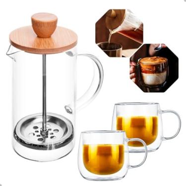Imagem de Conjunto de Prensa Francesa de Vidro 350ml com Tampa de Bambu e 2 Xícaras de Vidro Duplo 80ml