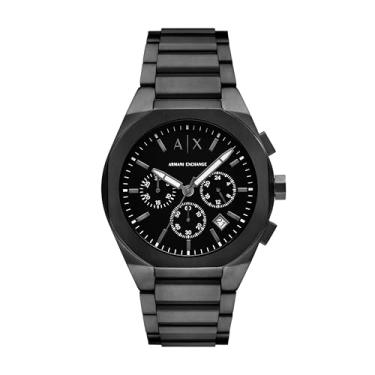 Imagem de Armani Exchange Relógio masculino com cronógrafo A|X; relógio masculino com pulseira de couro, aço inoxidável ou silicone, Preto, Sincronização