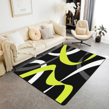 Imagem de Erosebridal Tapete abstrato preto verde limão cinza escuro branco listrado tapete interno 1,52 m x 1,28 m para crianças, meninos, adolescentes, homens, geométrico, redemoinho, listras, tapete de área