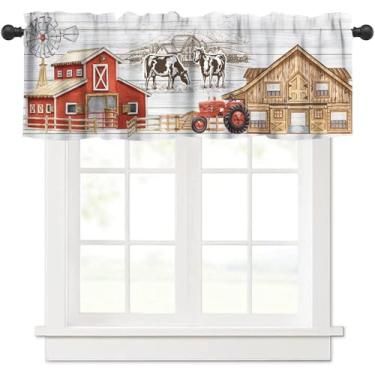 Imagem de VUMIVI Cortina de sanefa de fazenda vintage fazenda trator moinho de vento vaca vermelha branca decoração de casa bolso varão tratamentos de janela para cozinha, sala de jantar, cafeteria, 137 x 45 cm