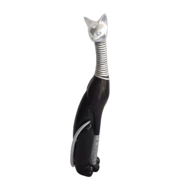Imagem de Gato Slim Preto Resina Com Detalhes Cinza 65cm
