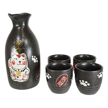 Imagem de Japanese Maneki Neko Lucky Charm Cat Glazed Ceramic Black Sake Set Flask With Four Cups Great Asian Living Home Decor and Gift For Housewarming Special Friendship Conjunto de festa decorativa oriental da Gifts & Decors