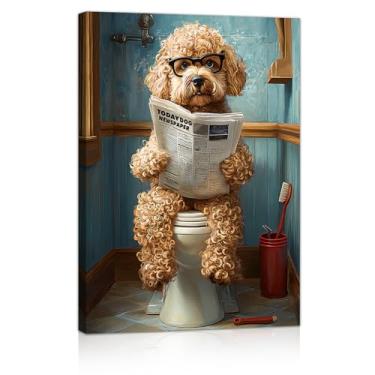 Imagem de Tela de banheiro engraçada arte de parede marrom Poodle no vaso sanitário lendo pinturas de parede de jornal para banheiro Goldendoodle no chuveiro humor animal pôster imagem para amantes de cães