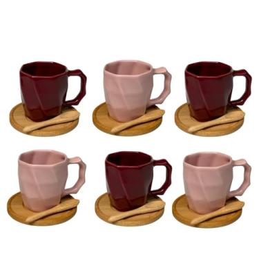 Imagem de Kit 6 Canecas de Cerâmica 120ml com Colheres e Pires de Bambu – Design Minimalista, Ideal para Café e Presentes - E-FCS Store (Magenta/Rosa)