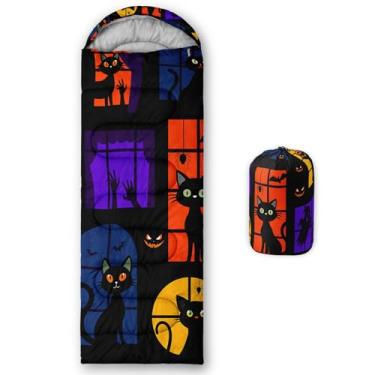 Imagem de Smell Sunshine Saco de dormir infantil para meninos e meninas, estampa de gato preto fofo, leve, quente, portátil, uso interno, impermeável, resistente ao clima frio, saco de dormir para acampamento e