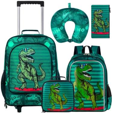 Imagem de gxtvo Conjunto de 5 peças de bagagem infantil com rodas para meninos, mala de mão com rodinhas de dinossauro legal para crianças pequenas