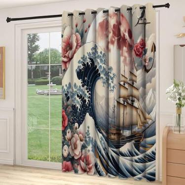 Imagem de Divisória de parede de cortina de divisória náutica, flores desabrochando ondas japonesas exploradores navio e lua rubi, cortinas largas isoladas/cortinas de quarto (painel único), L 236 x C 213 cm