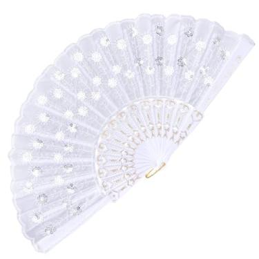Imagem de EOSAU Ventoinhas de mão para mulheres dobráveis, leques dobráveis espanhóis portáteis, elegante, tecido pavão, lantejoulas, leques de mão dobráveis para dança em linha, lembrancinhas de festa de