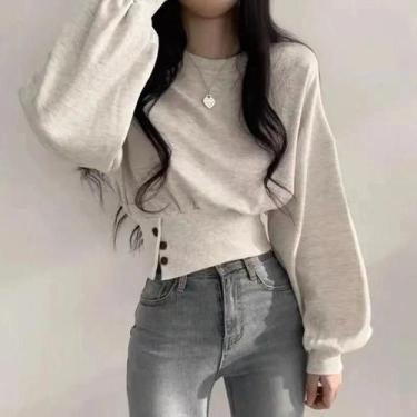 Imagem de Top Cropped Feminino De Outono, Gola Redonda, Slim, Manga Lanterna, Bo
