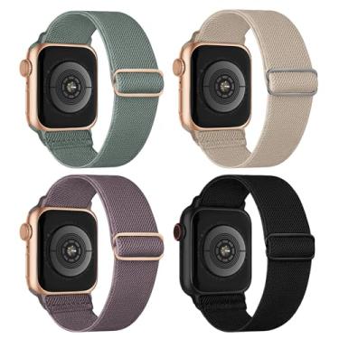 Imagem de Pacote com 4 pulseiras solo de nylon elástico compatíveis com Apple Watch séries 11, 10, 9, 8, 7, 6, 5, 4 e 3 SE, ultra de 38 mm, 40 mm, 41 mm, 42 mm, 44 mm, 46 mm, 49 mm, 49 mm, pacote com 4 unidades