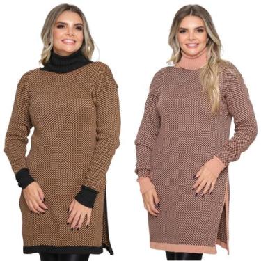 Imagem de Kit 2 Ponchos Feminino Plus Size Xadrez Gola Alta de Tricô - Ebenezer,