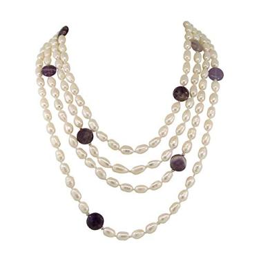 Imagem de Gem Stone King Colar de ametista roxa de 4 fileiras e pérolas cultivadas de água doce de 9 a 10 mm (40,6 cm a 56 cm)