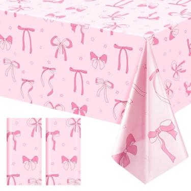 Imagem de Just Shimmer Pacote com 2 toalhas de mesa com laço rosa, capas de mesa descartáveis de 137 x 272 cm para aniversários, noivas, chás de bebê e despedidas de solteira – decorações de festa temática