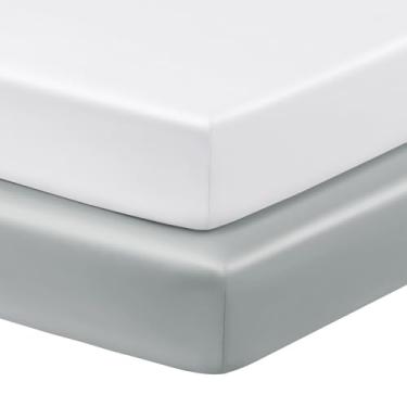 Imagem de Horbaunal Pacote com 2 lençóis de cetim para bebês com cabelos e pele sensíveis, lençóis de berço sedoso 96,5 x 61 x 12,7 cm, protetor de lençol macio para bebês, branco e cinza