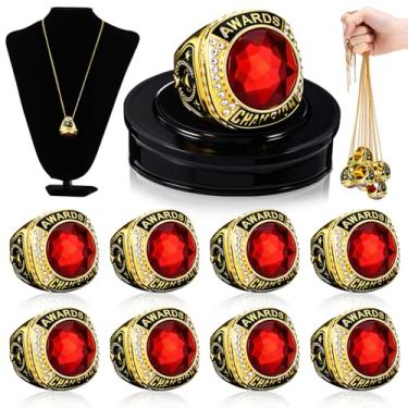 Imagem de Landical 10 peças de anéis de troféu de campeonato de Natal em massa MVP vencedor do prêmio juvenil presente com correntes de pescoço e suporte de exibição para basquete, beisebol, futebol, vôlei