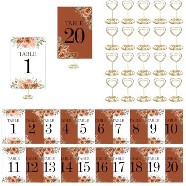 Imagem de CORNER LACE Números de mesa de casamento florais 1-20 com 20 peças de porta-cartões dourados - 10 x 15 cm, flores de terracota, decoração de mesa central para casamento, chá de panela, recepção de
