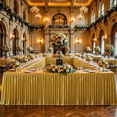 Imagem de Wish Care Saia de mesa dourada de cetim de 6,4 m para mesas retangulares, sem rugas, com glitter, toalha de mesa plissada, para casamento, aniversário, formatura, coquetel, buffet, decoração de mesa