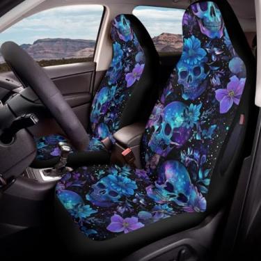 Imagem de STUOARTE Capa de assento de carro de 2 peças com estampa de flor de crânio para banco dianteiro, capa de assento frontal de carro à prova d'água para mulheres e homens, protetor de assento automotivo