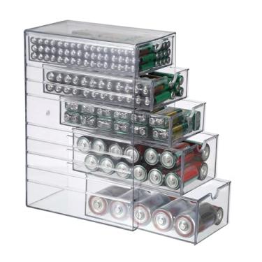 Imagem de BTSKY Organizador de armazenamento de bateria de plástico transparente para pilhas AA, AAA, 9V, C, D, caixa de armazenamento de 5 gavetas, organizador de bateria para tipos comuns, recipiente