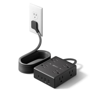 Imagem de Cabo de extensão de 3 metros com várias tomadas, protetor contra surtos com cabo de 3 m de comprimento, 8 tomadas, 4 portas USB (2 USB C), plugue de parede múltiplo para escritório, faculdade