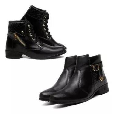 Imagem de 2 Pares Bota Feminina Coturno Chelsea Cano Curto Montaria Salto Grosso Couro Ecologico Frio Inverno-Feminino