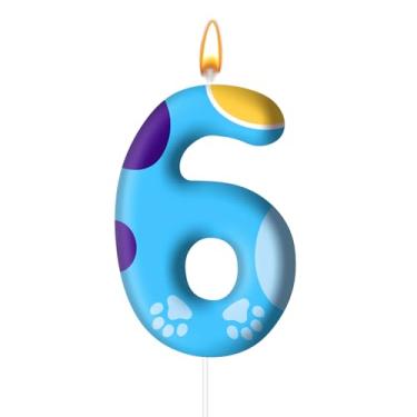 Imagem de Velas de aniversário de pata de cachorro azul topo de bolo numerais velas de aniversário para decoração de pata de cachorro número 6