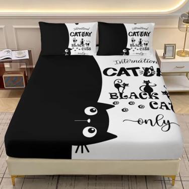 Imagem de AILONEN Jogo de lençol solteiro com estampa de gato, tamanho GG, preto para crianças, adolescentes e adultos, preto e branco, 1 lençol com elástico e 2 fronhas, 3 peças