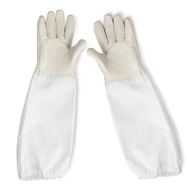 Imagem de Flexzion Bee Keeping Supplies Tools - Pincel de colmeia de abelha com cerdas de porco naturais e cabo de madeira, luvas protetoras de apicultura lona de mangas, gancho em aço inoxidável, armação de colmeia, raspador de cera