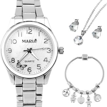 Imagem de Relogio Aco Inox Prata Feminino + Pulseira + Brincos Colar Presente Social Strass Ajustavel Garantia