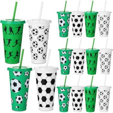 Imagem de Nuogo 12 peças de copos de plástico de festa a granel 680 g copo de plástico com tampa e canudo, copos reutilizáveis para namorados, fãs, esportes, lembrancinhas de festa de aniversário (futebol)