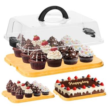 Imagem de MinBoo Porta-cupcakes de bambu, suprimentos de padaria com tampa transparente elevada, suporte de cupcake fácil de transportar e apresentar, 12 fixações seguras, alça de transporte