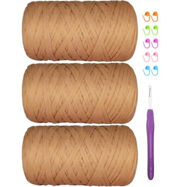 Imagem de Camiseta de 400 g de tecido elástico de crochê para tricô DIY, fio de crochê grosso espaguete para mão, bolsa faça você mesmo, cesta, projetos de crochê, decoração de casa (marrom)