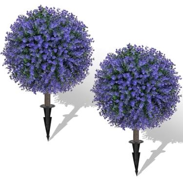 Imagem de AOKIIE Conjunto de 2 arbustos de bola de buxo roxo artificial para uso externo com ponta de 56 cm, arbustos de vegetação sintética resistentes a UV, plantas de buxo roxo e verde falsas para jardim