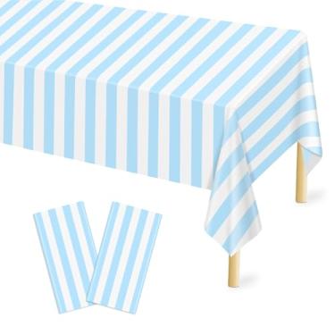 Imagem de Mulbozy Pacote com 2 toalhas de mesa de plástico descartáveis, 137 × 272 cm, azul claro e branco, capa de mesa de plástico vermelho para carnaval, noite de cinema, aniversário, Halloween, festa de