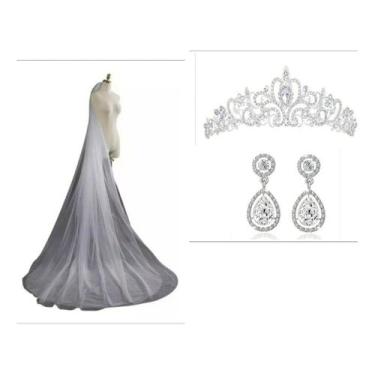 Imagem de Kit Coroa Brincos Véu 3 Metros 2 Camadas Noiva Tiara KB1 - Milly - O S