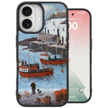 Imagem de MAYCARI Capa original de pintura a óleo artística para iPhone 16 Estética Barcos à beira-mar capa de telefone de transferência de calor para meninas e mulheres capa protetora traseira rígida à prova