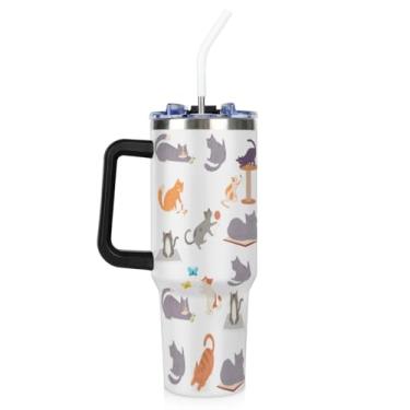 Imagem de Garrafa de água de 1,134 g com canudo, copo de aço inoxidável para gatos fofos com alça, copos térmicos para bebidas frias e quentes, copo refrigerador reutilizável, presente para adolescentes